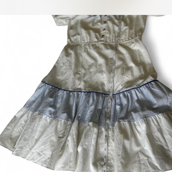 70s Prairie White & Polka Dot Blue Cottagecore Midi Dress Tiered with Ruffles - Picture 7 of 8